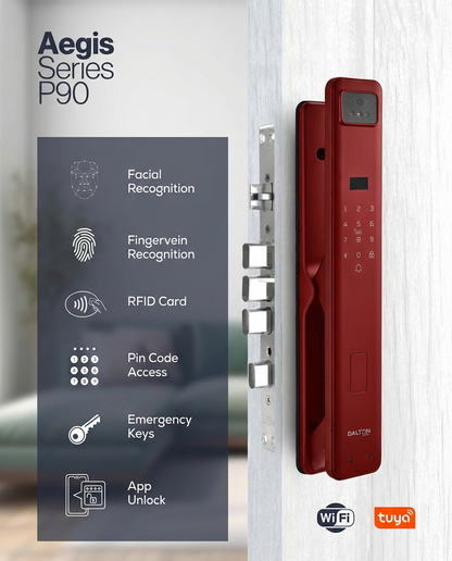 P90 Facial Recognition Smart Deadbolt Lock - Wi-Fi Enabled (Cherry Red)